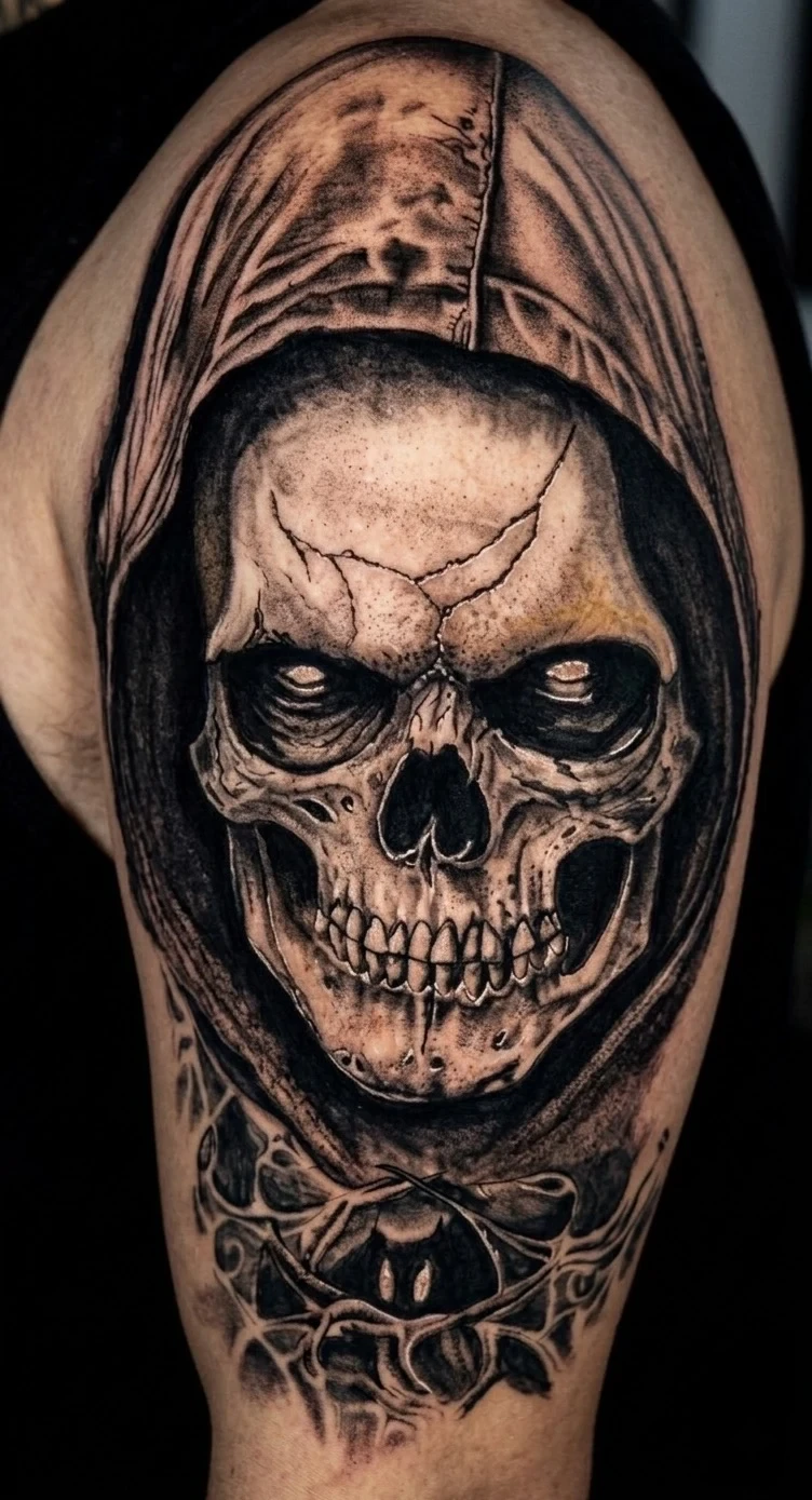 Grim reaper skull tattoo, black & grey realism