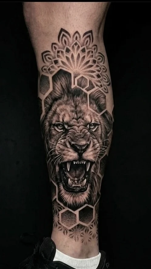 Lion mandala, dotwork, calf