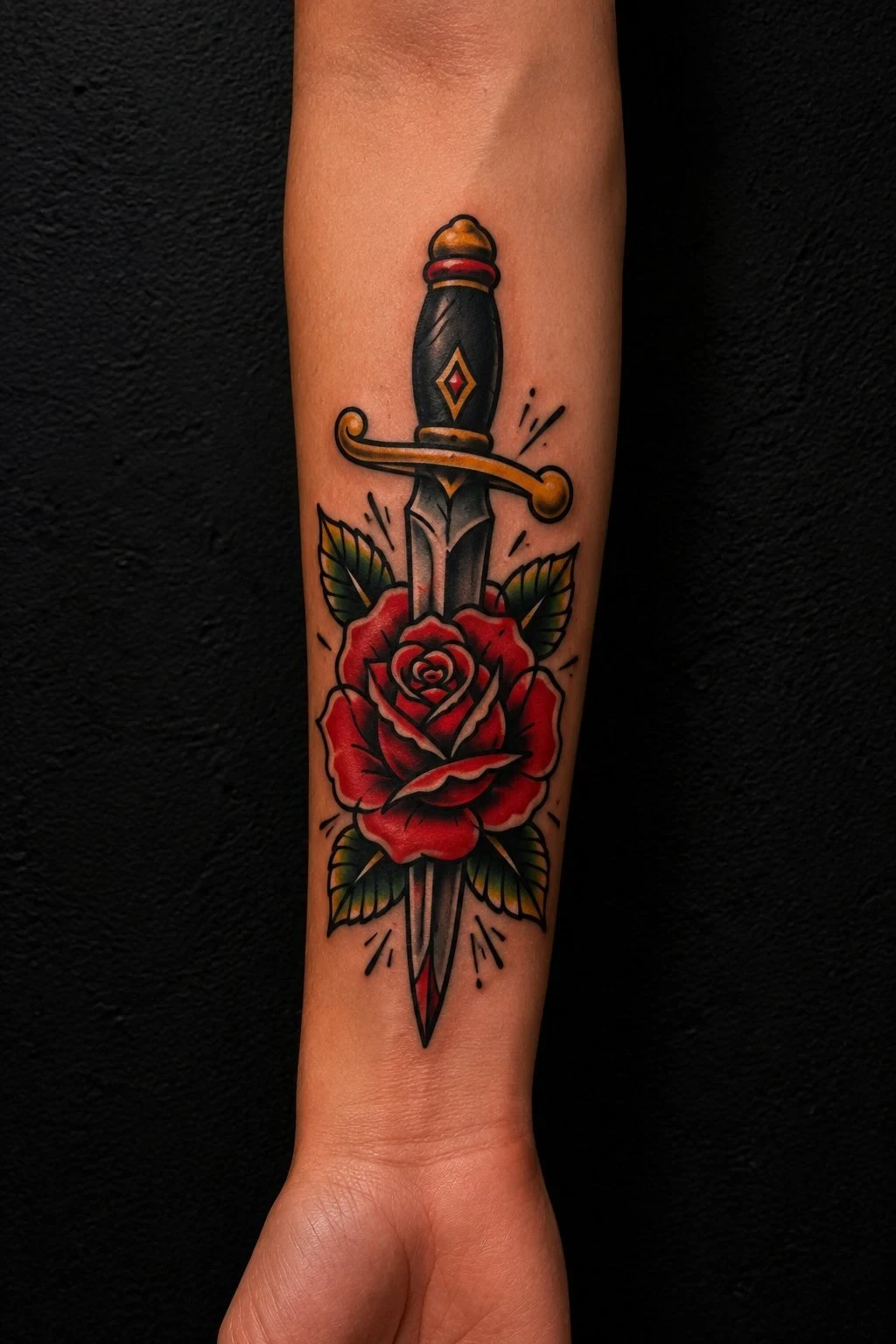 New traditional dagger and rose, color