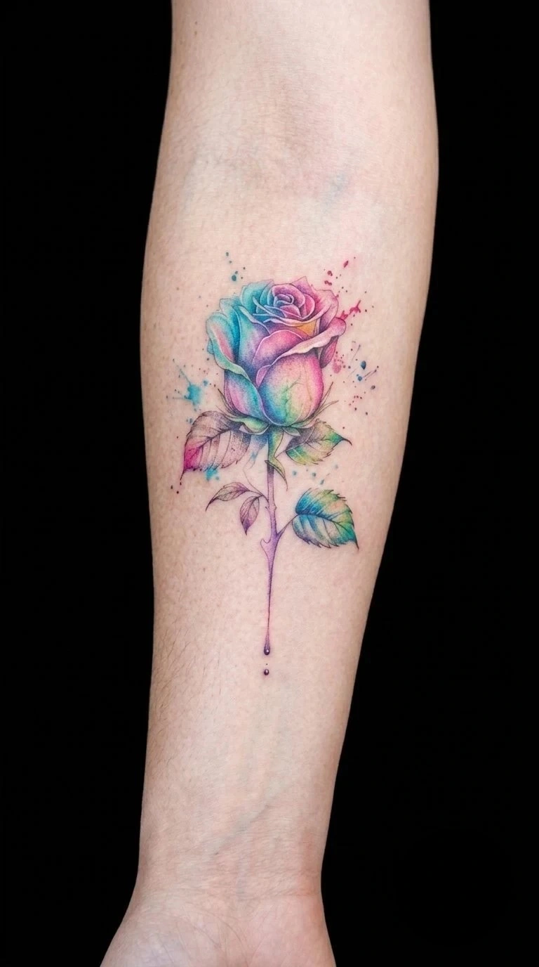 Watercolor rose, color tattoo