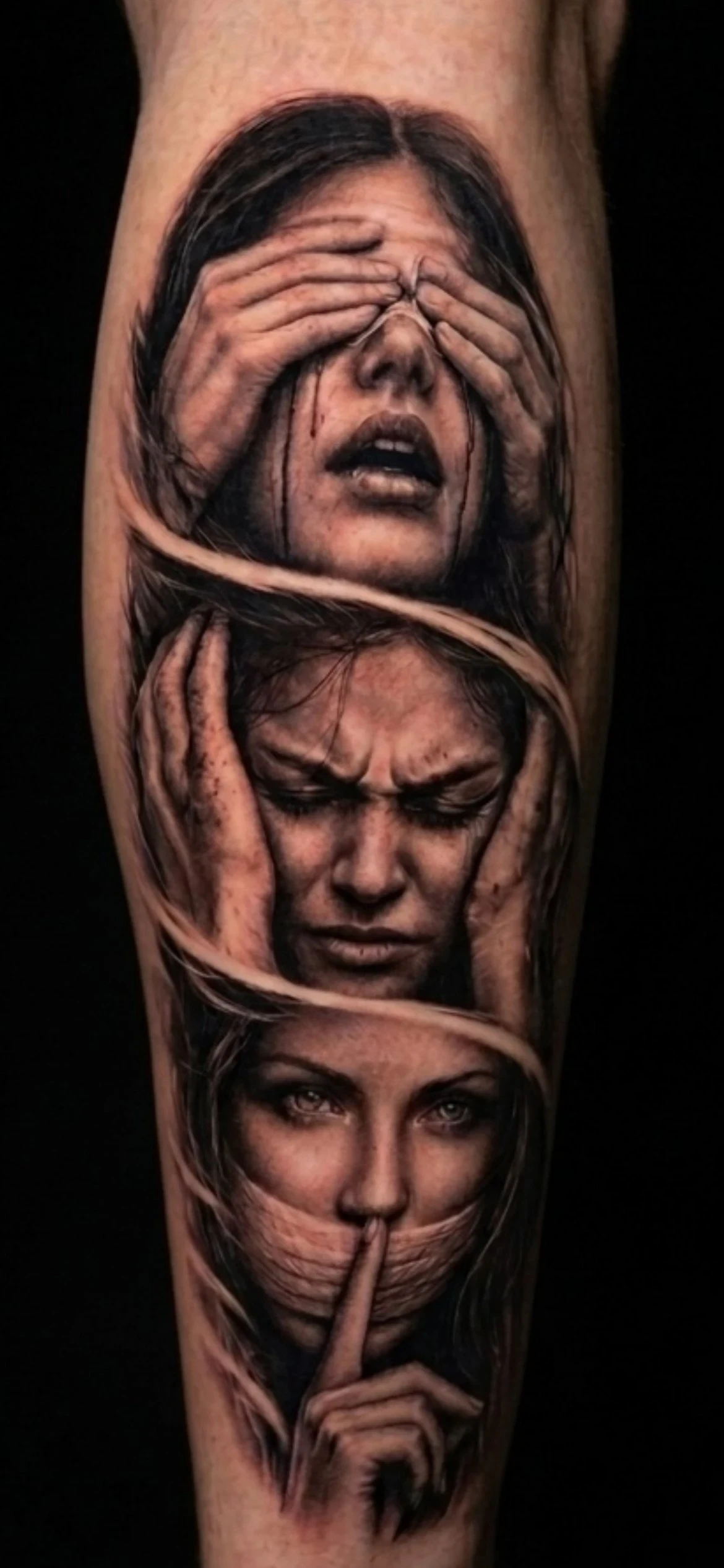 Three-expression female portrait, realism