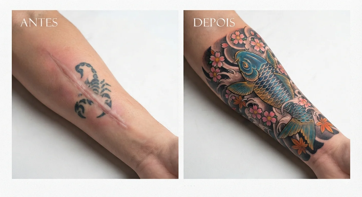 Antes e depois — cobertura de cicatriz no braço com tatuagem colorida, Belo Horizonte