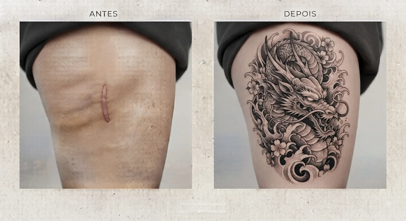 Antes e depois — cobertura de cicatriz na coxa com tatuagem de dragão, Belo Horizonte