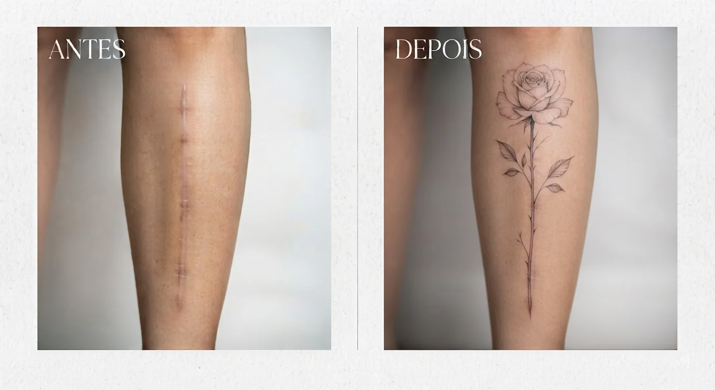 Antes e depois — cobertura de cicatriz na perna com tatuagem de rosa, Belo Horizonte