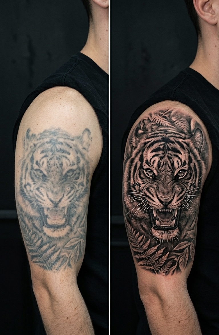 Antes e depois de cover up de tatuagem em Belo Horizonte — Carlos Tattoo BH