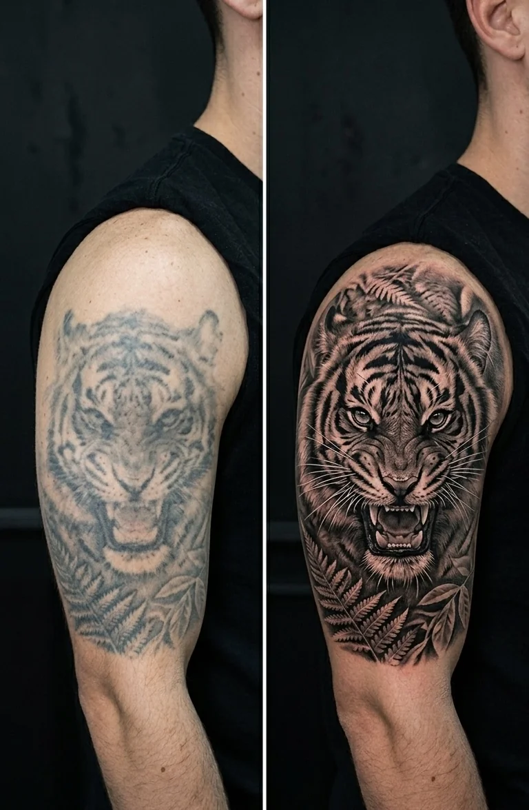 Antes e depois de cover up de tatuagem em Belo Horizonte — Carlos Tattoo BH