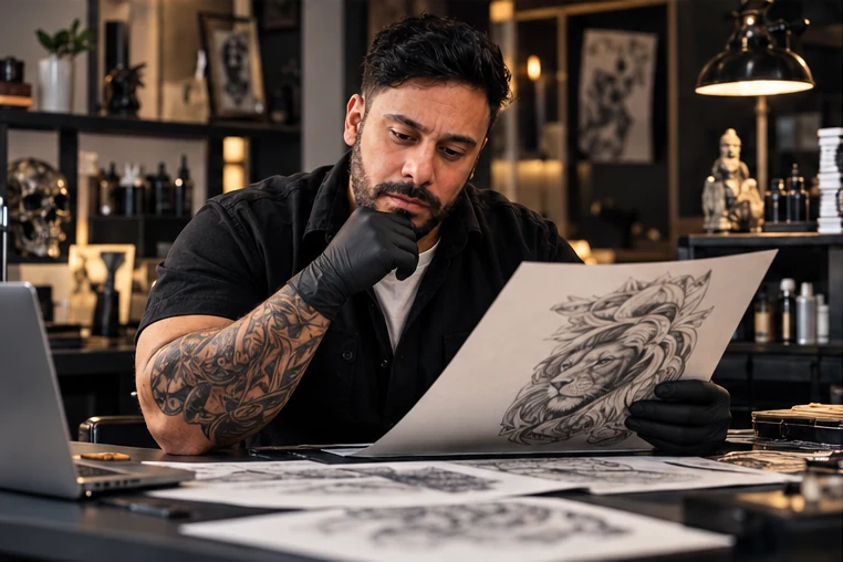 Carlos Henrique studying a lion tattoo design at his studio desk