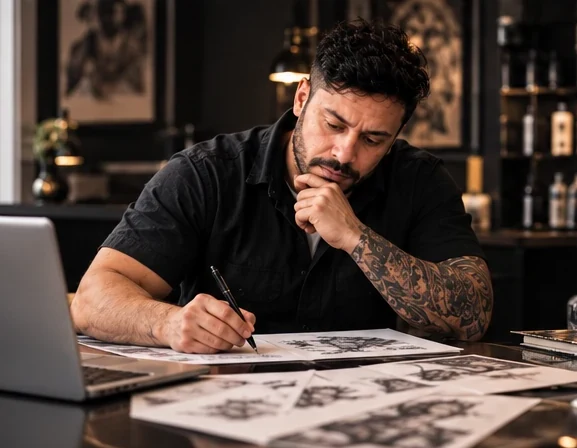 Carlos Henrique drawing a tattoo design in the studio