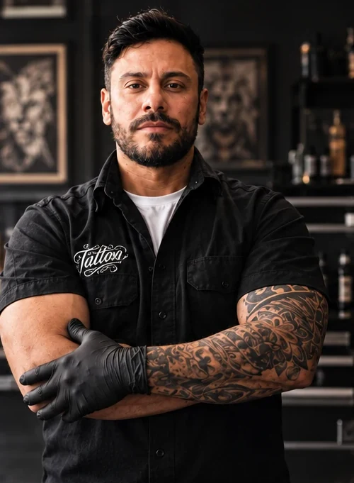 Carlos Henrique, tattoo artist at Carlos Tattoo BH, in his studio