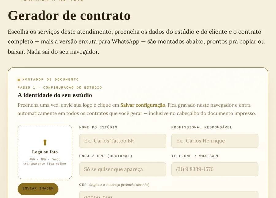 Contrato Digital: gerador de contrato de tatuagem com os dados do estúdio