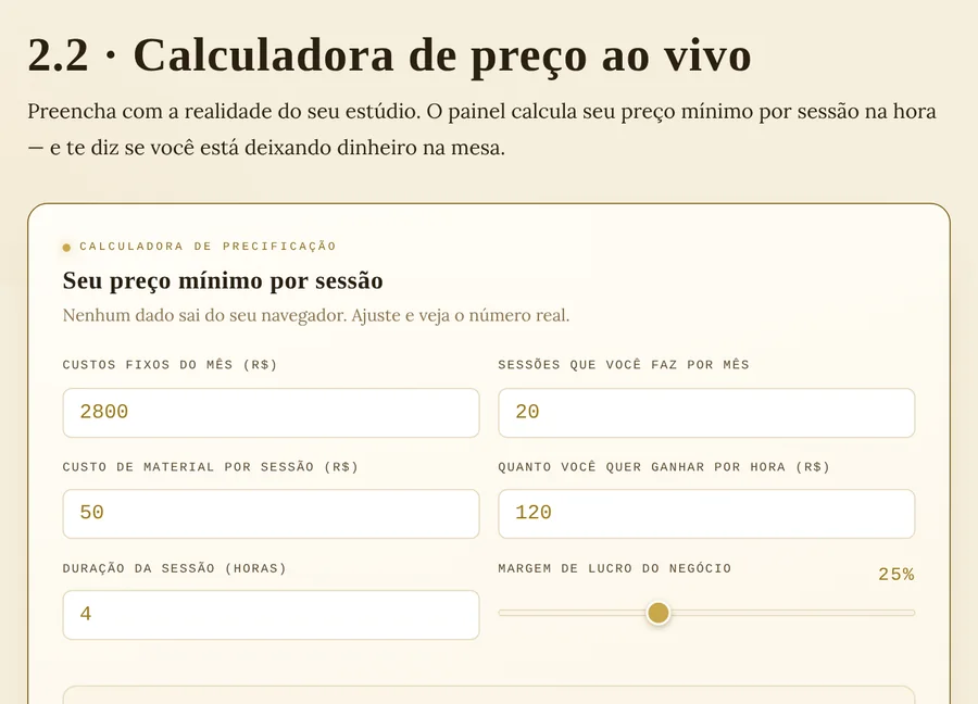Posicionamento Premium: calculadora de preço mínimo por sessão de tatuagem