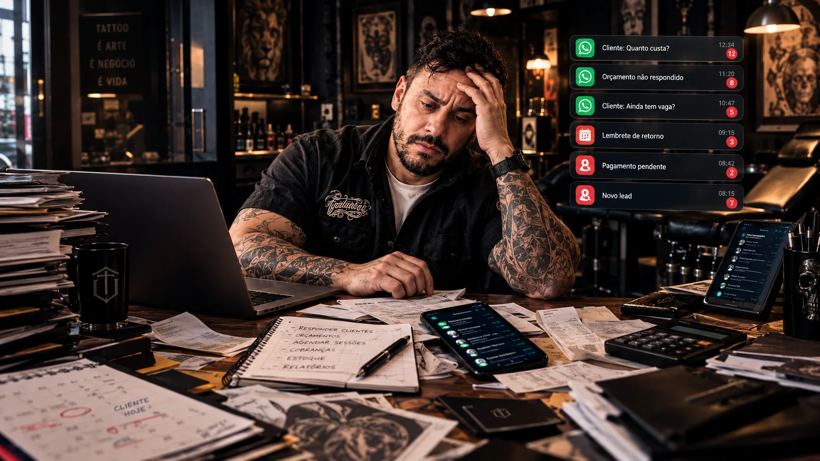 Tattoo artist overwhelmed by quotes, payments and bookings piling up on WhatsApp and in a notebook