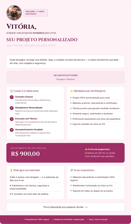 Visual quote proposal in rosé style, with the artist’s photo, process, strengths and price