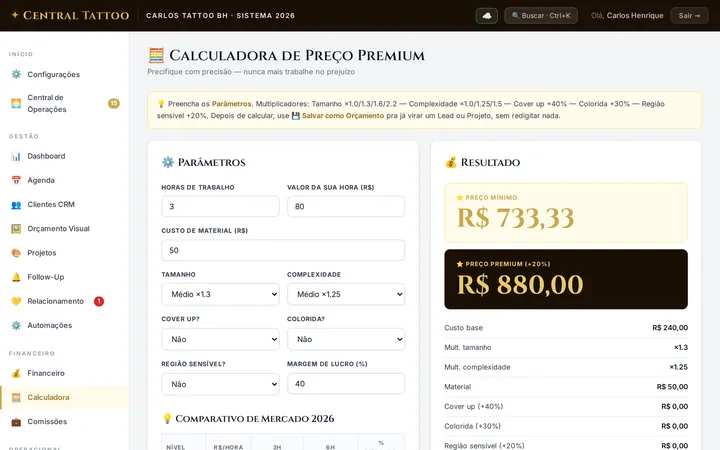 Central Tattoo price calculator with minimum and premium price per session