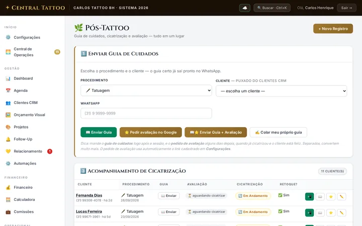 Central Tattoo aftercare module to send care guides and follow the healing