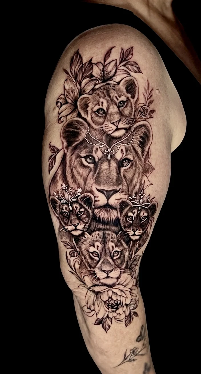Tatuagem leoa e filhotes com coroa realismo no braço — Carlos Tattoo BH, Belo Horizonte