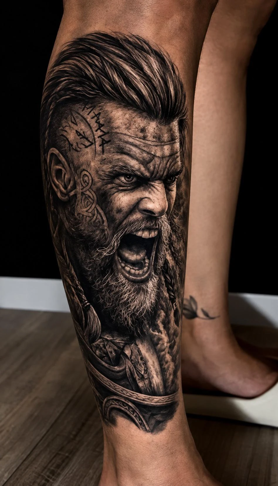 Cobertura de tatuagem com guerreiro nórdico em realismo na perna — Carlos Tattoo BH, Belo Horizonte
