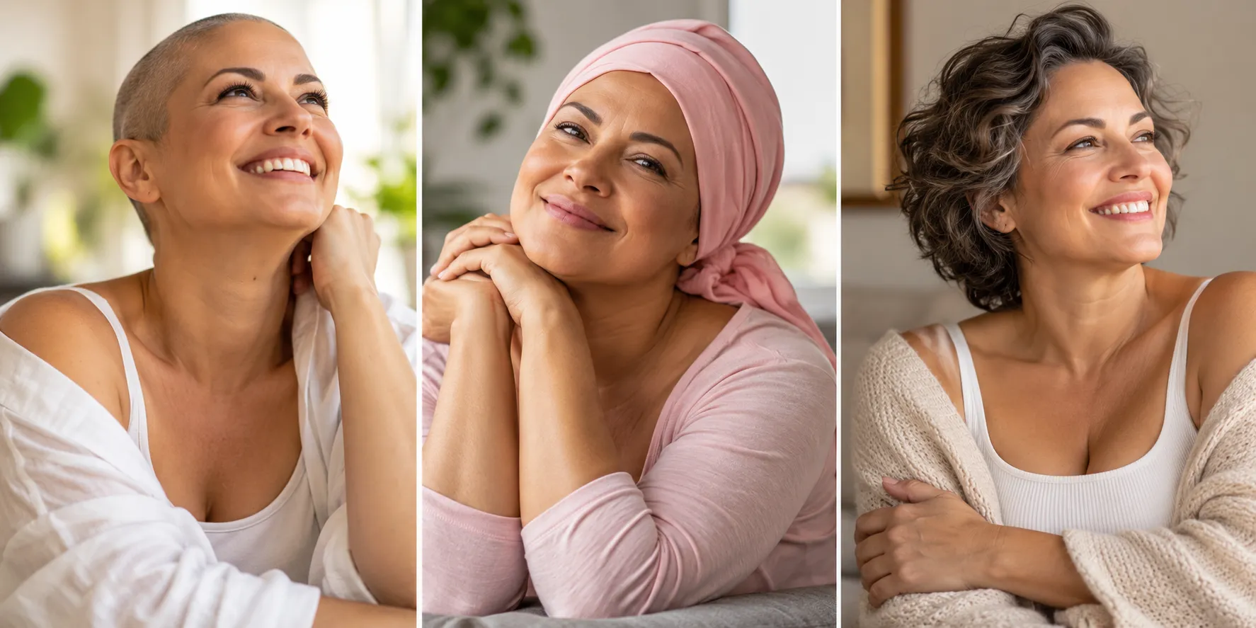 Três momentos da mesma jornada: mulher de cabeça raspada, com lenço rosa e com o cabelo crescendo, imagem ilustrativa sobre a recuperação depois do câncer de mama