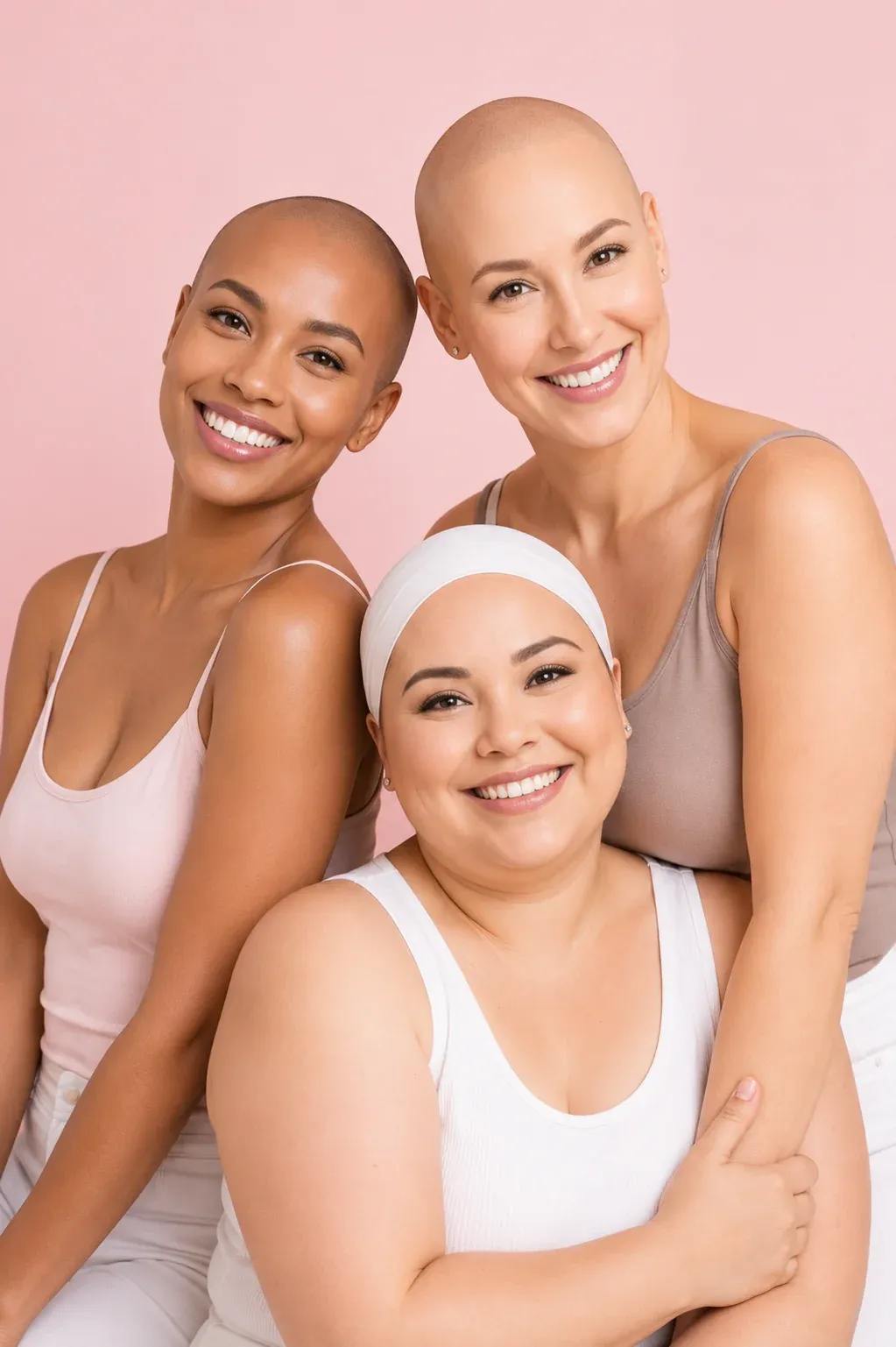 Três mulheres sorrindo abraçadas em fundo rosa, imagem ilustrativa sobre autoestima e recomeço depois do câncer de mama