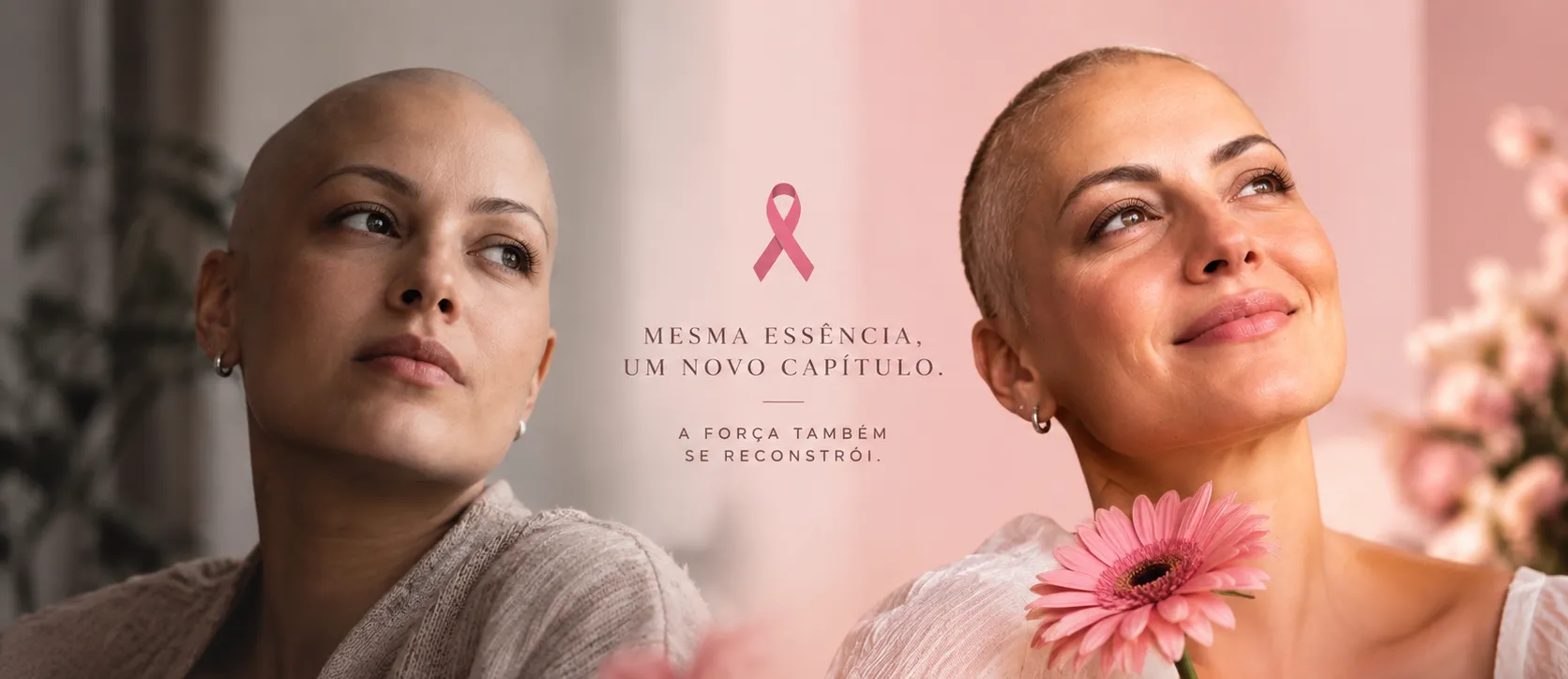 A mesma mulher em dois momentos: pensativa durante o tratamento e sorrindo com uma flor rosa depois dele, imagem ilustrativa com o laço do Outubro Rosa