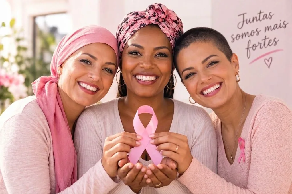 Três mulheres sorrindo e segurando o laço rosa do Outubro Rosa, imagem ilustrativa sobre câncer de mama e reconstrução de aréola em BH