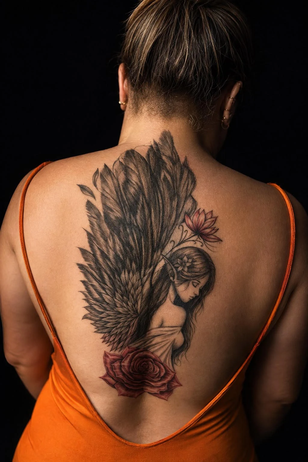 Cobertura de tatuagem com fada e flor de lótus — resultado final, Carlos Tattoo BH, Bairro Mantiqueira, Belo Horizonte