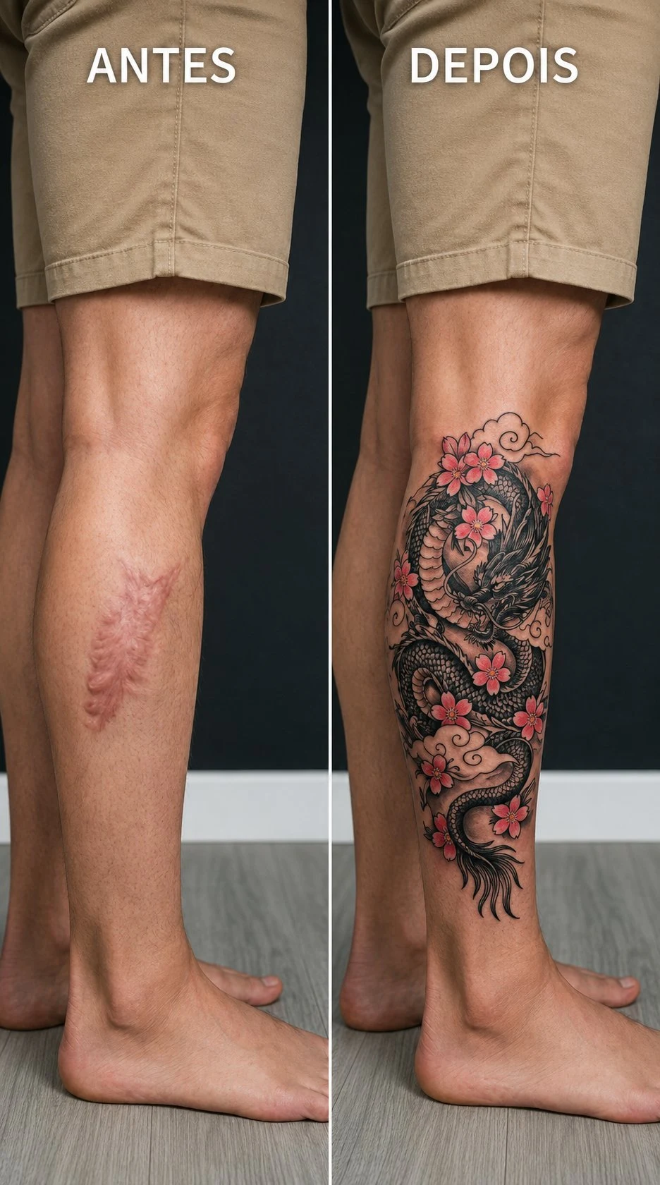 Antes e depois — tatuagem sobre cicatriz de queimadura em Belo Horizonte BH — Carlos Tattoo BH