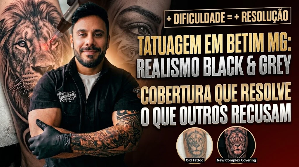 Tatuagem em Betim MG — Carlos Tattoo BH, realismo black & grey e cobertura